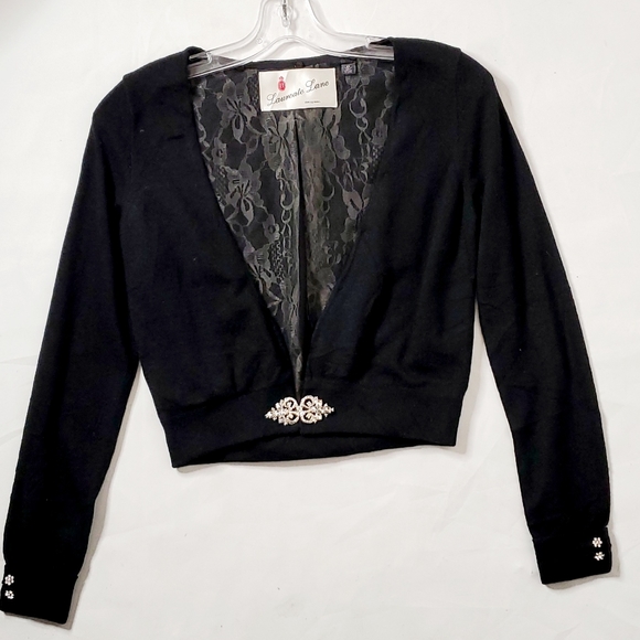 Laureate Lane 100% Cashmere Lace Embleshished Rinestone Cropped Cardigan Sz XS/S - Picture 3 of 9